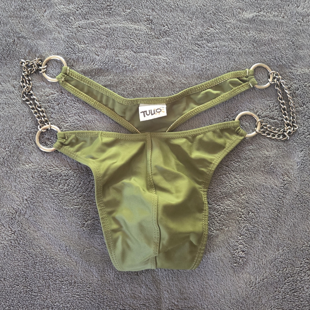 Olive Green Men's Swim Thong with Chain Detail